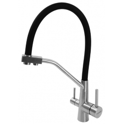 Смеситель для кухни Барьер Safe-04FSSNB с выходом для фильтра, гибкий черный излив, сатиновый никель