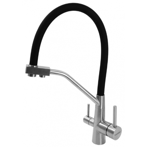 Смеситель для кухни Барьер Safe-04FSSNB с выходом для фильтра, гибкий черный излив, сатиновый никель купить в интернет магазине Санрай73
