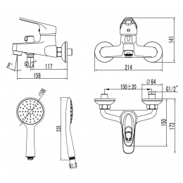 Смеситель для ванны Lemark Luna LM4134C, однорычажный, короткий излив, ручная лейка