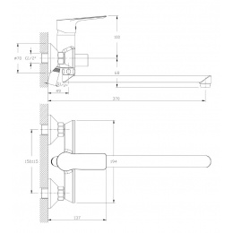 Смеситель для ванны Rossinka RS27-33, однорычажный, длинный излив, с душевой лейкой