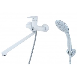 Смеситель для ванны SmartSant Бриз, однорычажный, длинный излив, ручной душ, белый, хром