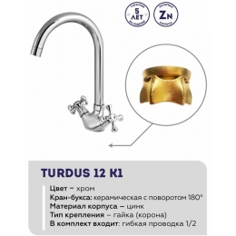 Смеситель для кухни Turdus 12 K1, двухвентильный, поворотный излив, хром