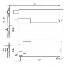 Смеситель для ванны Valfex Antares Steel, однорычажный, длинный излив, ручной душ, сталь