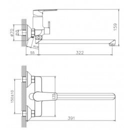 Смеситель для ванны Valfex Elara Chrome, однорычажный, длинный излив, ручной душ, хром