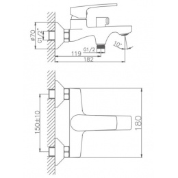 Смеситель для ванны Valfex Gemini Chrome, однорычажный, короткий излив, ручной душ, хром