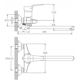 Смеситель для ванны Valfex Lyra Chrome, однорычажный, длинный излив, ручной душ, хром
