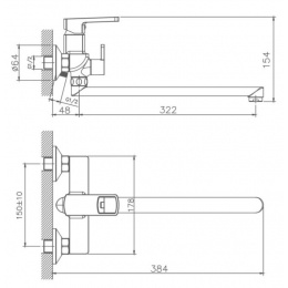 Смеситель для ванны Valfex Taurus Chrome, однорычажный, длинный излив, ручной душ, хром