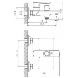 Смеситель для ванны Valfex Taurus Chrome, однорычажный, короткий излив, ручной душ, хром