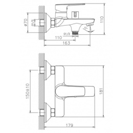 Смеситель для ванны Valfex Elara Chrome, однорычажный, короткий излив, ручной душ, хром
