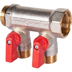 Коллектор с шаровыми кранами STOUT 3/4 , 2 отвода 1/2 (красные ручки)