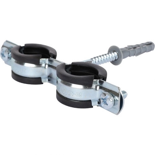 Сдвоенный хомут для труб STOUT комплект: хомут+шпилька шуруп +дюбель пластиковый 3/4"(25-29) купить в интернет магазине Санрай73