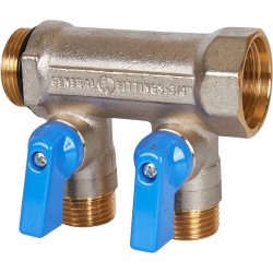 Коллектор с шаровыми кранами STOUT 3/4 , 2 отвода 1/2 (синие ручки)