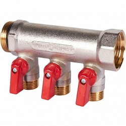 Коллектор с шаровыми кранами STOUT 1, 3 отвода 1/2 (красные ручки)
