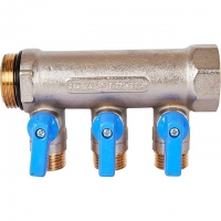 Коллектор с шаровыми кранами STOUT 1 , 3 отвода 1/2 (синие ручки)