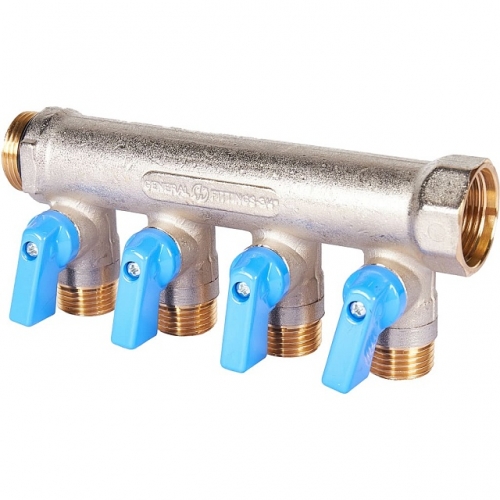 Коллектор с шаровыми кранами STOUT 3/4 , 4 отвода 1/2 (синие ручки) купить в интернет магазине Санрай73