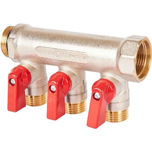 Коллектор с шаровыми кранами STOUT 3/4 , 3 отвода 1/2 (красные ручки) купить в интернет магазине Санрай73