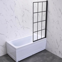 Шторка на ванну Veconi распашная правая с маятн.мех. 700x1500,черный,прозрач.принт клетка