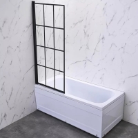 Шторка на ванну Veconi распашная левая с маятн.мех. 700x1500,черный,прозрач.принт клетка