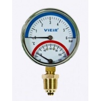Термоманометр радиальный Vieir 80мм, 6bar, 120°C, 1/2", с автоматическим запорным клапаном