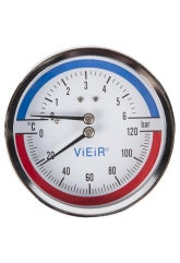 Термоманометр аксиальный Vieir 80мм, 6bar, 120°C, 1/2", с автоматическим запорным клапаном