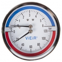 Термоманометр аксиальный Vieir 80мм, 6bar, 120°C, 1/2", с автоматическим запорным клапаном