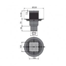 Трап вертикальный 105х105/50/75, решетка – нержавеющая сталь, гидрозатвор