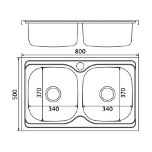 Мойка для кухни MIXLINE 500х800 мм, накладная, толщина 0,6 мм, две чаши