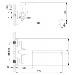 Смеситель для ванны Lemark plus Factor LM1651C, однорычажный, длинный излив, с ручной лейкой