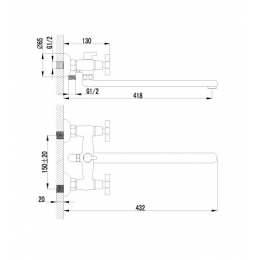 Смеситель для ванны Lemark Benefit LM2512C, двухвентильный, длинный излив, с ручной лейкой