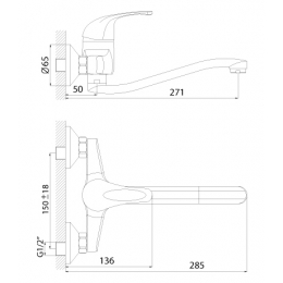 Смеситель для кухни Rossinka C40-24, настенный, однорычажный, нижний длинный излив