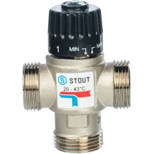 Термостатический смесительный клапан Stout 1"нр, 20-43C, 1.6м3/ч  для ГВС и отопления