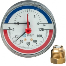 Термоманометр  аксиальный Stout 80мм, 4bar, 120°C, 1/2", с автоматическим запорным клапаном