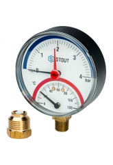 Термоманометр  радиальный Stout 80мм, 4bar, 120°C, 1/2", с автоматическим запорным клапаном