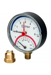 Термоманометр  радиальный Stout 80мм, 6bar, 120°C, 1/2", с автоматическим запорным клапаном