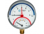 Термоманометр  радиальный Stout 80мм, 6bar, 120°C, 1/2", с автоматическим запорным клапаном