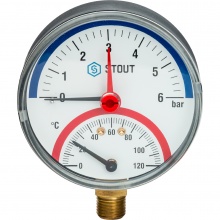 Термоманометр  радиальный Stout 80мм, 6bar, 120°C, 1/2", с автоматическим запорным клапаном