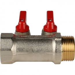 Коллектор с шаровыми кранами STOUT 1", 2 отвода 1/2" (красные ручки)