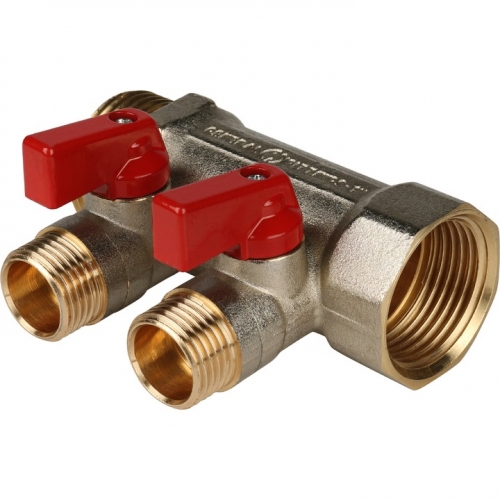 Коллектор с шаровыми кранами STOUT 1", 2 отвода 1/2" (красные ручки) купить в интернет магазине Санрай73