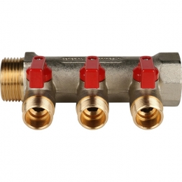 Коллектор с шаровыми кранами STOUT 1", 3 отвода 1/2" (красные ручки)