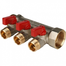 Коллектор с шаровыми кранами STOUT 1", 3 отвода 1/2" (красные ручки)