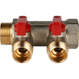 Коллектор с шаровыми кранами STOUT 3/4", 2 отвода 1/2" (красные ручки)