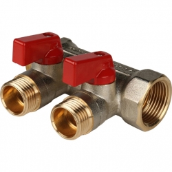 Коллектор с шаровыми кранами STOUT 3/4", 2 отвода 1/2" (красные ручки)