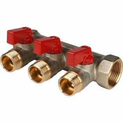 Коллектор с шаровыми кранами STOUT 3/4", 3 отвода 1/2" (красные ручки)