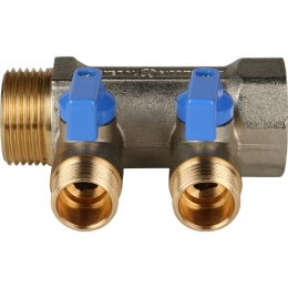 Коллектор с шаровыми кранами STOUT 1", 2 отвода 1/2" (синие ручки)
