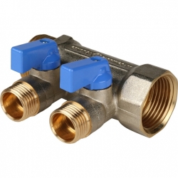Коллектор с шаровыми кранами STOUT 1", 2 отвода 1/2" (синие ручки)