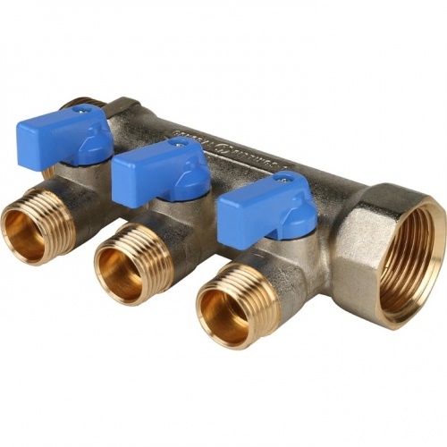Коллектор с шаровыми кранами STOUT 1", 3 отвода 1/2" (синие ручки) купить в интернет магазине Санрай73