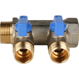Коллектор с шаровыми кранами STOUT 3/4", 2 отвода 1/2" (синие ручки)