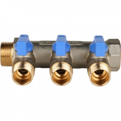 Коллектор с шаровыми кранами STOUT 3/4", 3 отвода 1/2" (синие ручки)