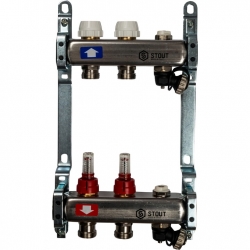 Коллектор из нержавеющей стали STOUT с расходомерами, с клапаном вып. воздуха и сливом 2 вых.