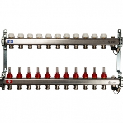 Коллектор из нержавеющей стали STOUT с расходомерами, с клапаном вып. воздуха и сливом 11 вых.